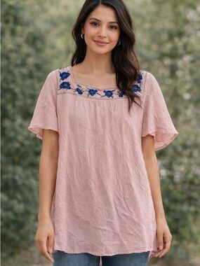 Anthropologie easel Pink Short-Sleeve Tunic with Blue Floral Embroidery